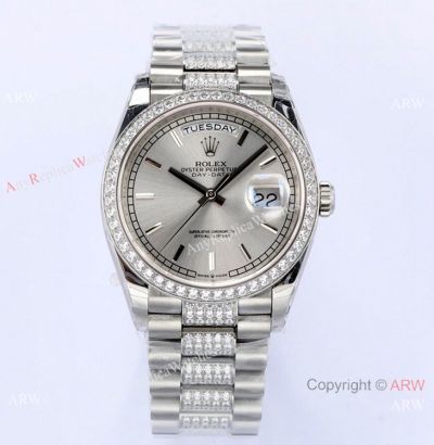 Highest Quality Rolex Day-Date Wrist 36mm Silver Dial Center Diamond Band